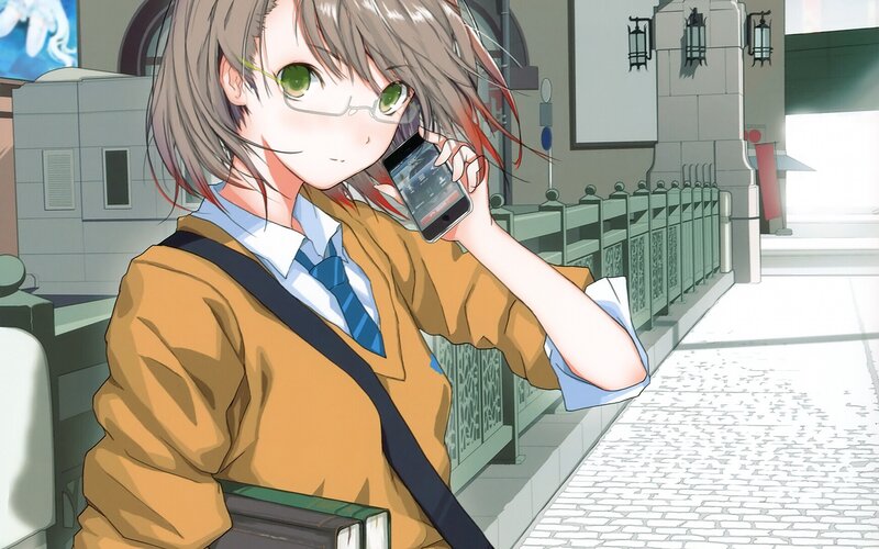 Anime Girl on Phone — Brown, Calm