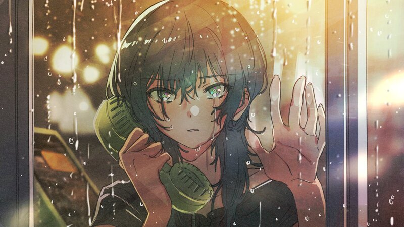 Anime Girl on Phone — Green, Melancholic, Night