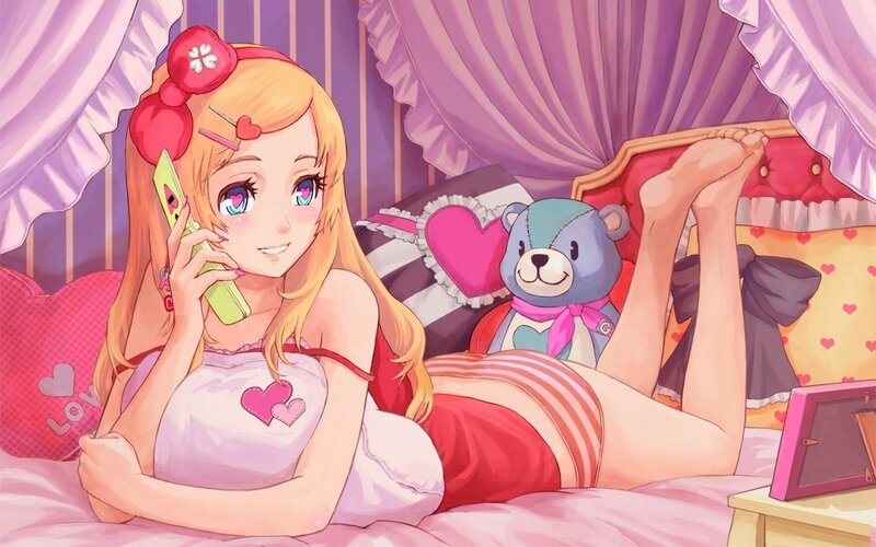 Anime girl on phone in bed