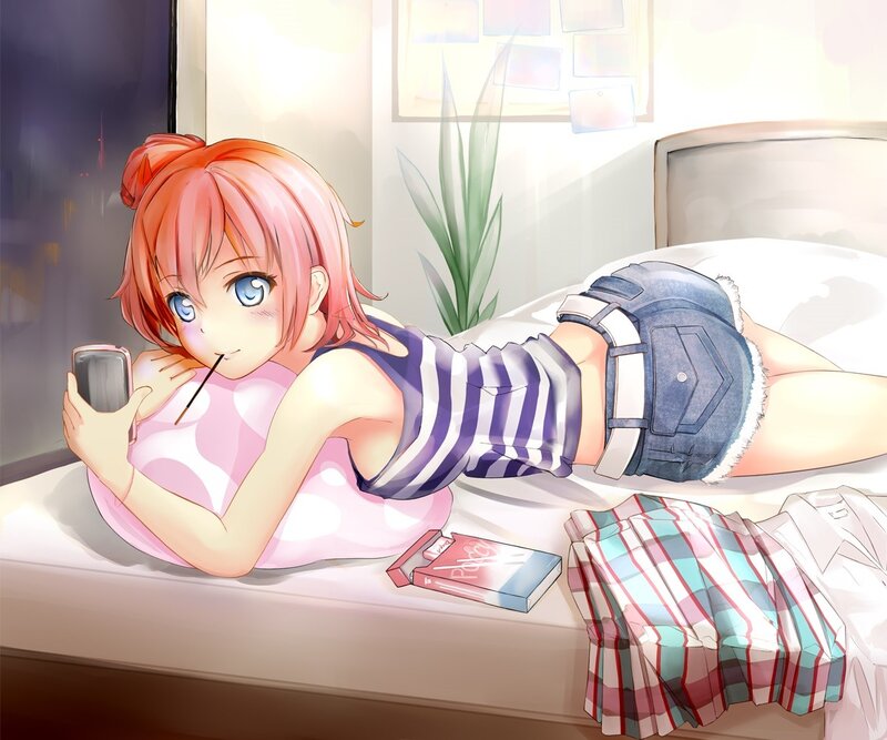 anime girl on phone in bed