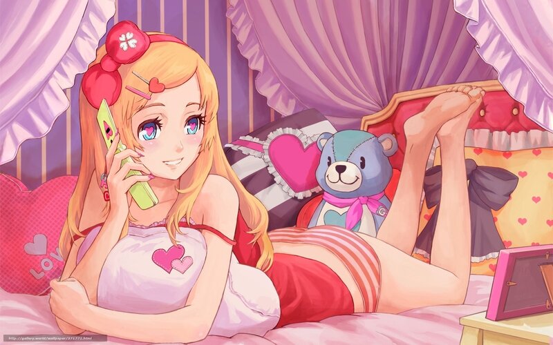 Anime girl on phone in bed