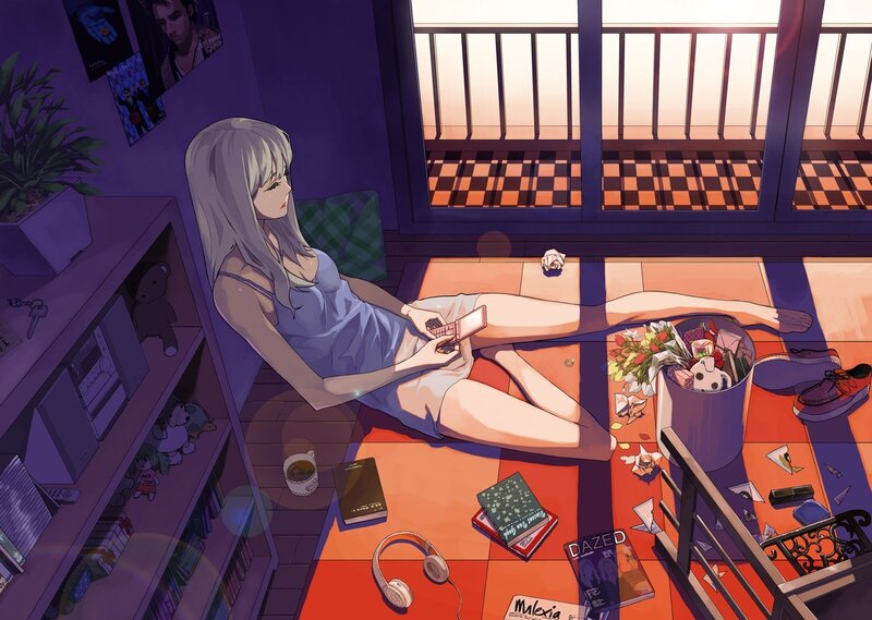 Anime girl on phone in messy room