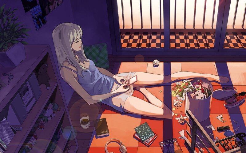 anime girl on phone in room