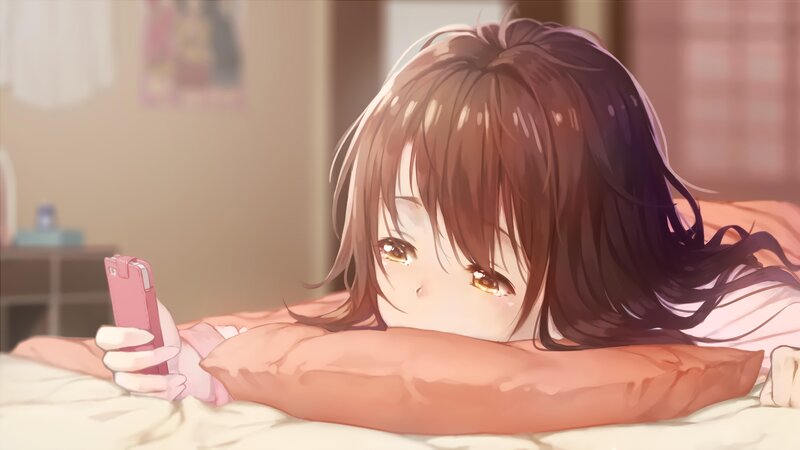 Anime Girl on Phone — Pink, Calm, Morning