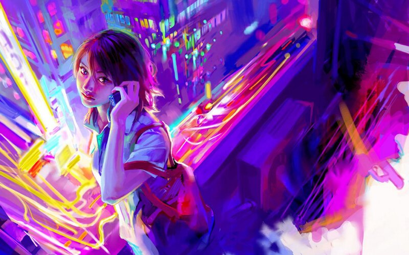 Anime Girl on Phone — Purple, Dramatic, Night