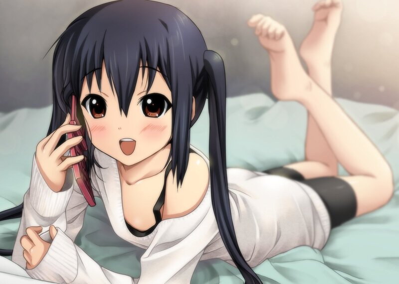 Anime Girl on Phone — White, Relaxed, Bed