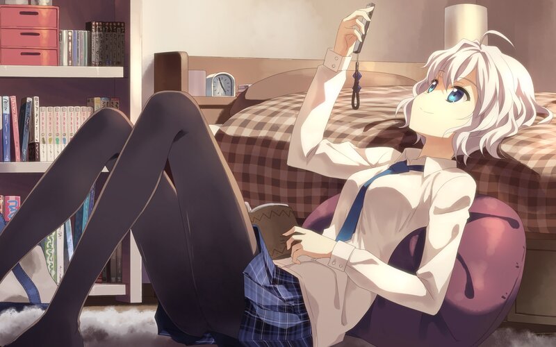 Anime Girl on Phone — White, Relaxed