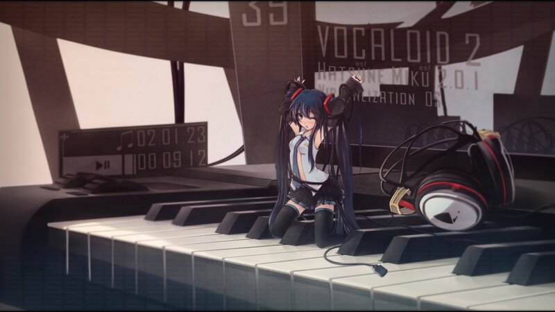 Anime Girl on Piano — Black
