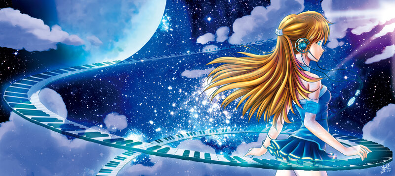 Anime girl on piano keyboard