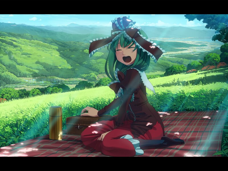 Anime girl on picnic blanket