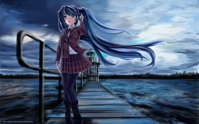 Anime Girl on Pier — Blue, Dramatic