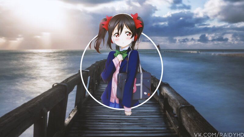 Anime Girl on Pier — Blue, Serene, Sunset