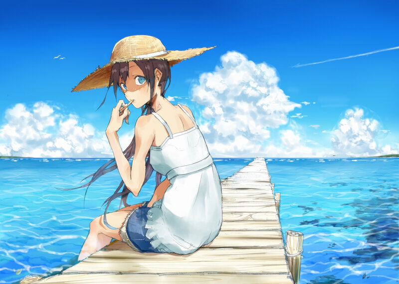 Anime Girl on Pier — Blue, Serene