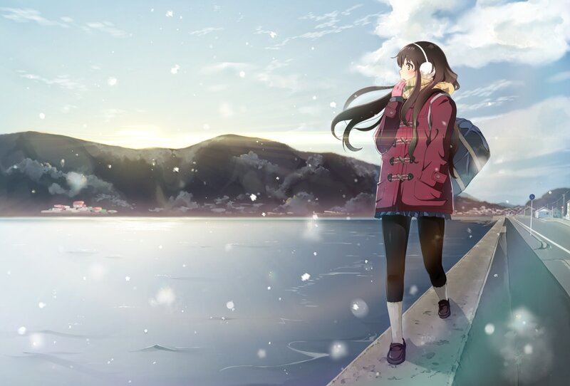 Anime Girl on Pier — Blue, Serene, Winter, Backpack