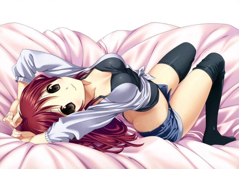 Anime girl on pink bed