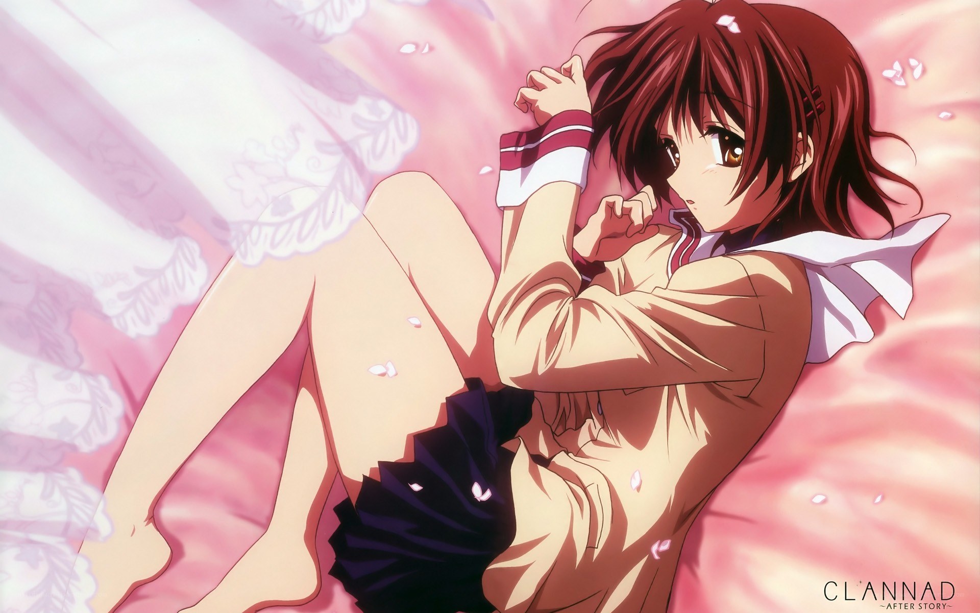 Anime girl on pink bedding