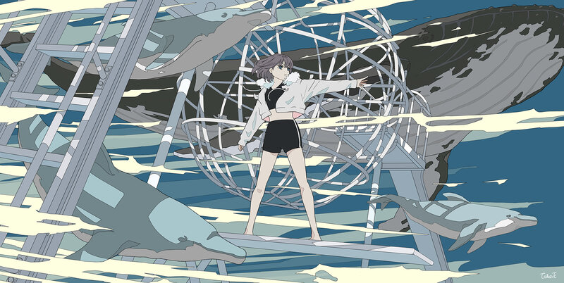 Anime Girl on Platform — Blue, Dramatic, Digital Art