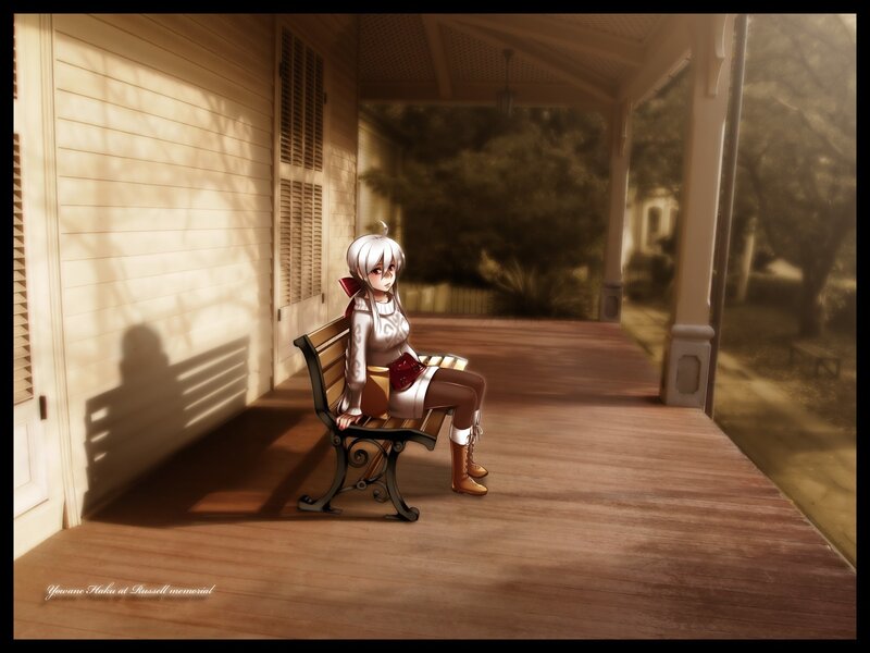 Anime girl on porch at sunset