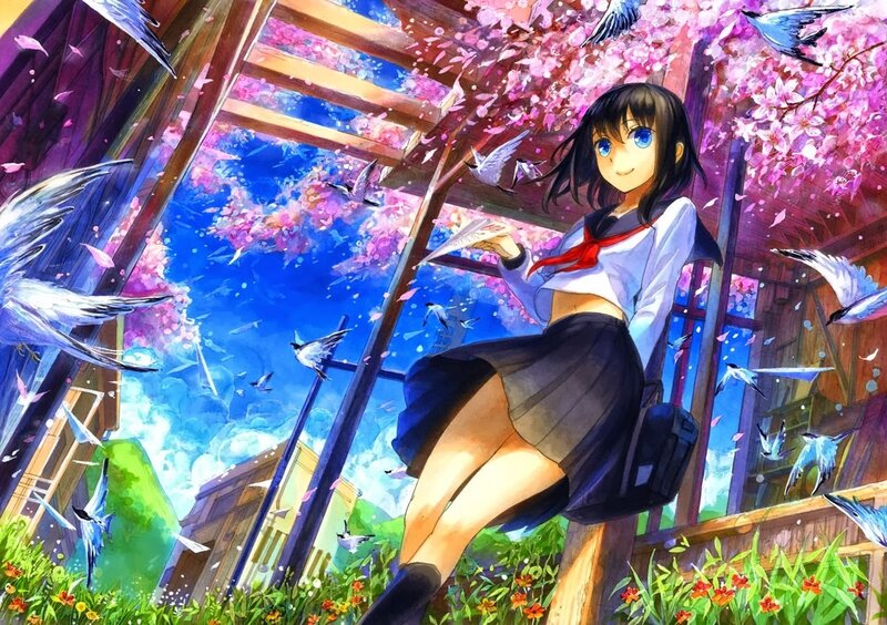 Anime Girl on Porch — Pink