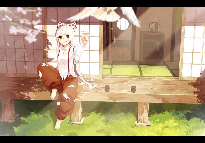 Anime girl on porch with bird