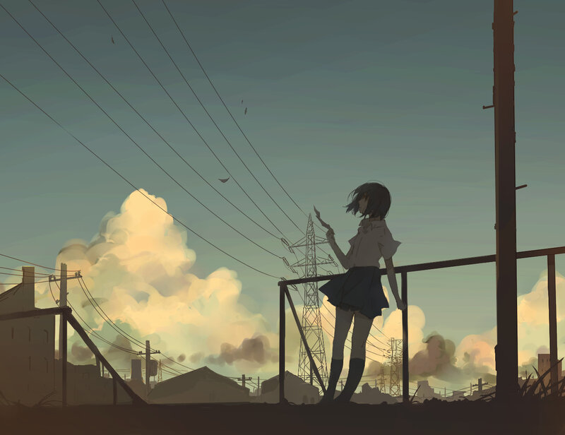 Anime Girl on Railing — Gray