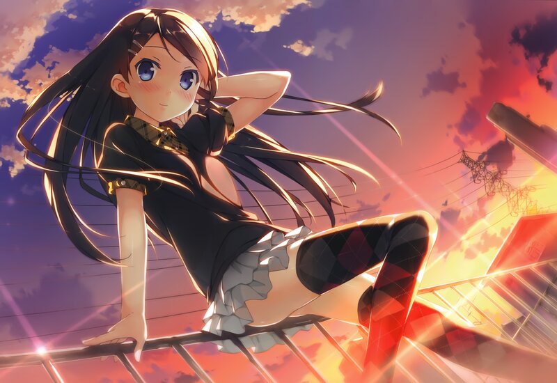 Anime Girl on Railing — Purple, Dramatic, Sunset