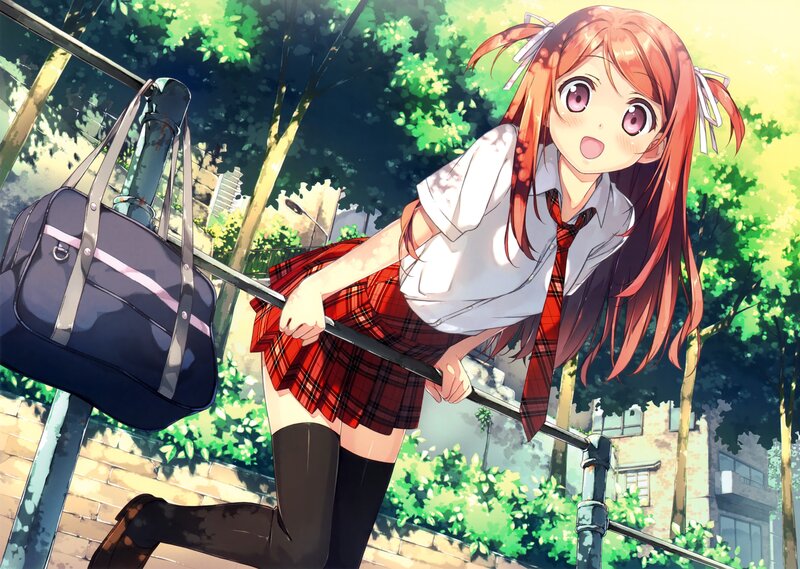 Anime Girl on Railing — Red, Bright, Cheerful