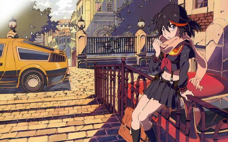 Anime Girl on Railing — Yellow, Dramatic, Afternoon