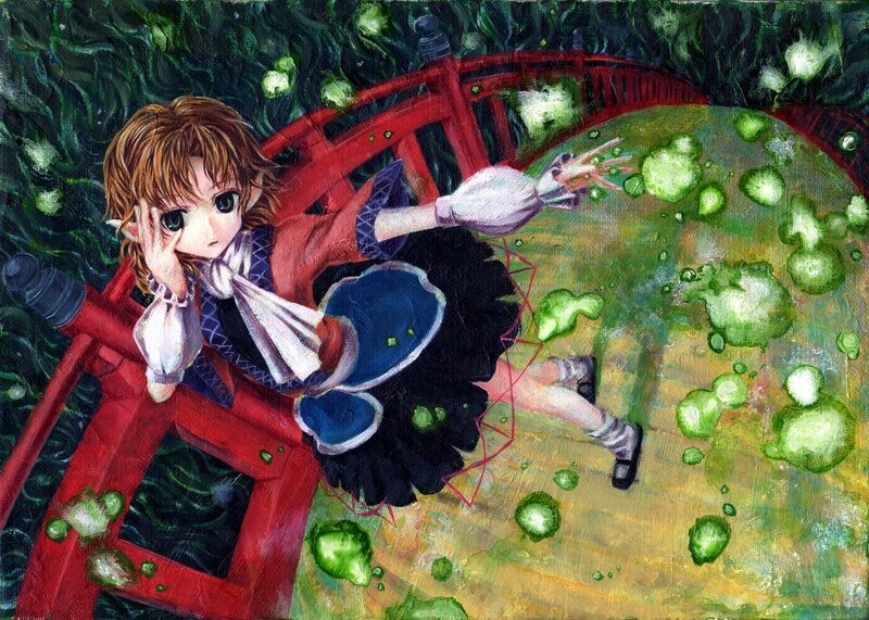 Anime girl on red bridge