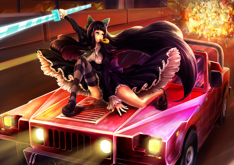 anime girl on red car