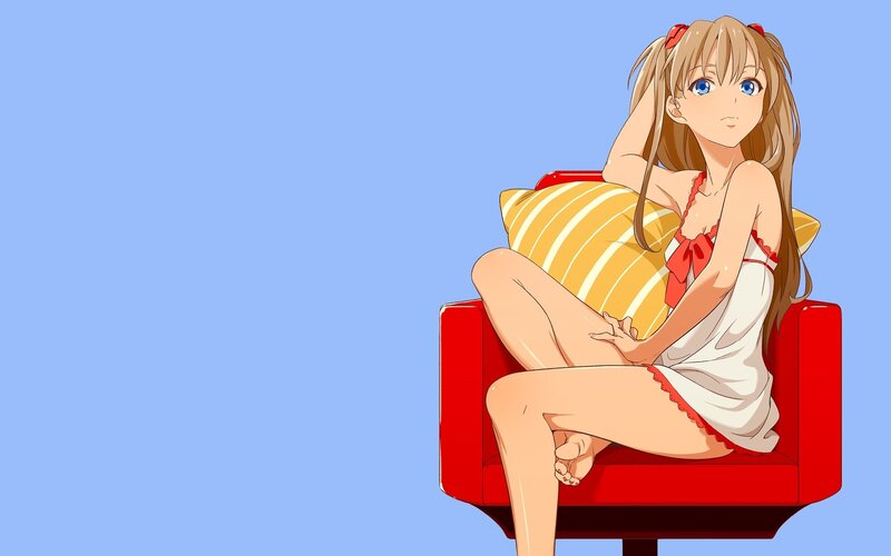 Anime Girl on Red Chair — Blue