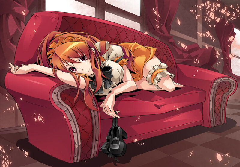 Anime girl on red couch