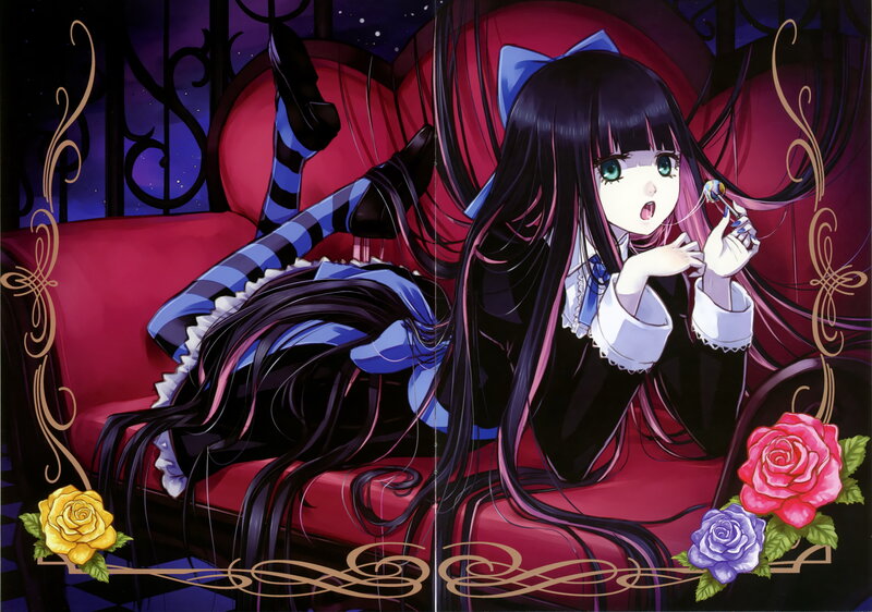 Anime Girl on Red Couch — Black, Dramatic, Night