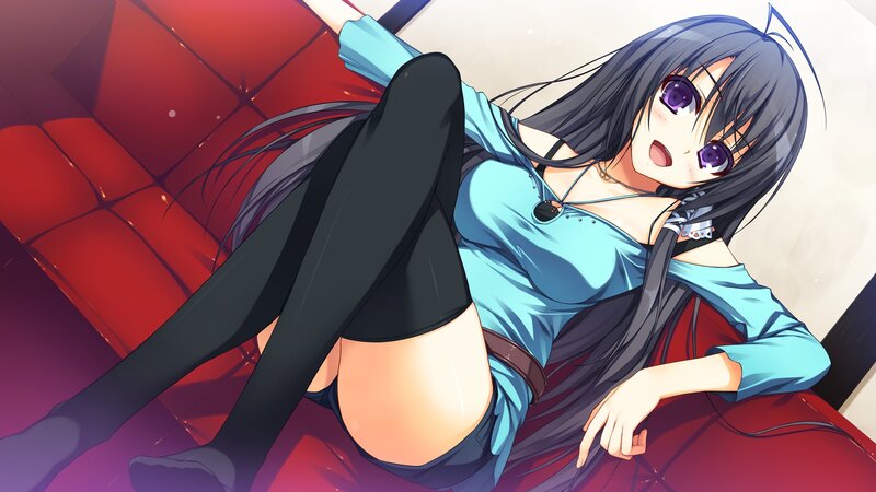 Anime Girl on Red Couch — Relaxed, Long Hair, Blue Shirt