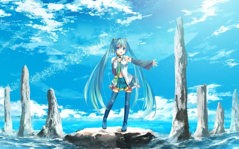 Anime Girl on Rock — Blue, Serene, Afternoon, Digital Art