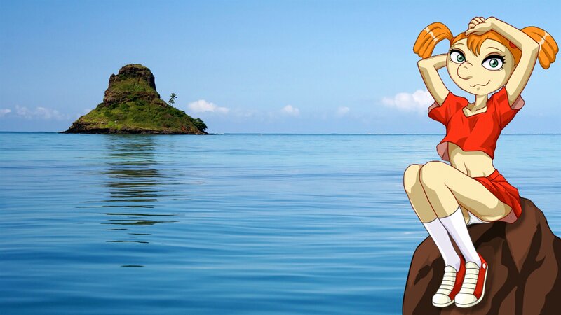 Anime Girl on Rock — Blue, Serene, Afternoon, Ocean