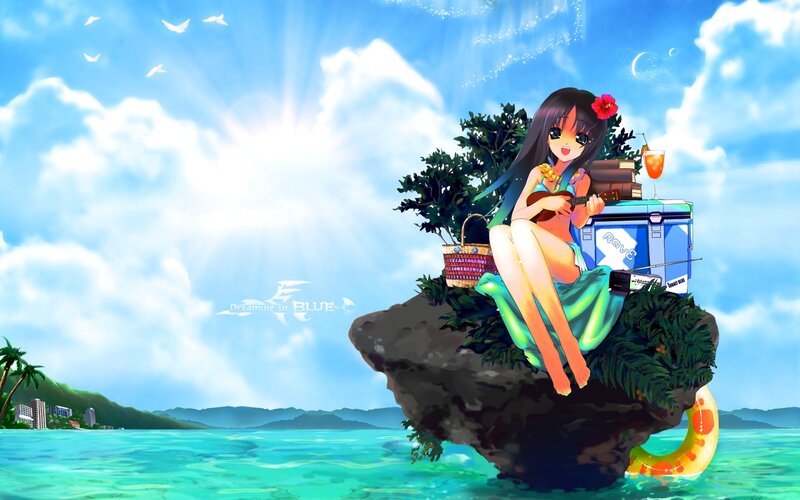 Anime Girl on Rock — Blue, Serene, Afternoon, Ukulele, Cooler