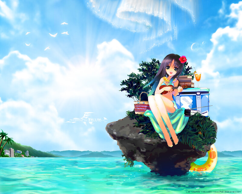 Anime Girl on Rock — Blue, Serene, Afternoon, Ukulele