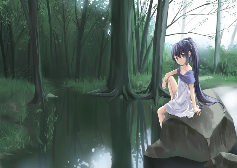 Anime Girl on Rock — Green, Serene