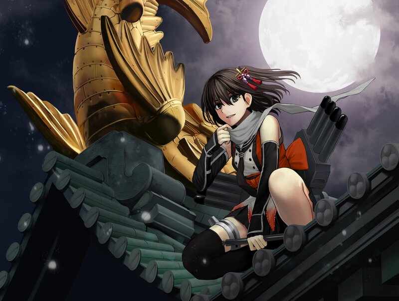 Anime Girl on Roof — Black, Dramatic