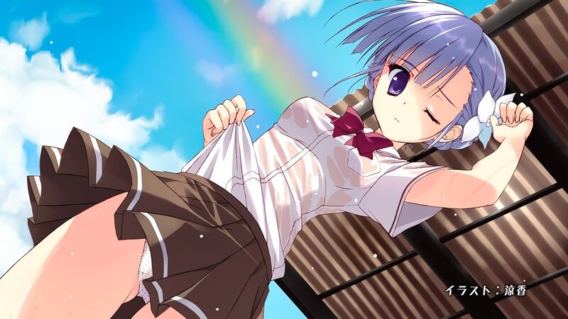 Anime Girl on Roof — Blue, Serene, Afternoon, Rainbow