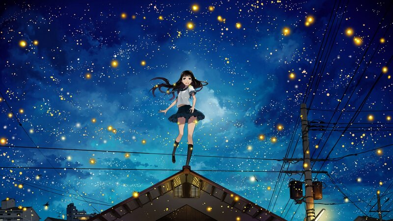 Anime Girl on Roof — Blue, Serene, Magical