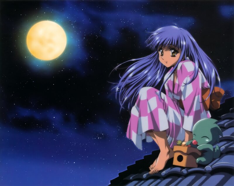 Anime Girl on Roof — Blue, Serene, Night, Moon