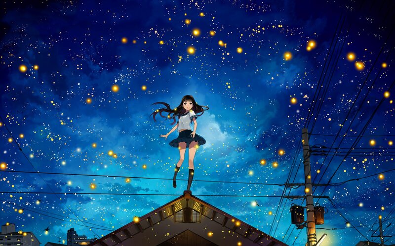 Anime Girl on Roof — Blue, Serene, Night, Sky