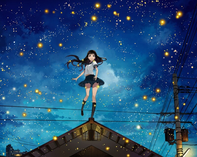 Anime Girl on Roof — Blue, Serene, Night