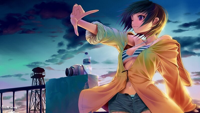 anime girl on rooftop at dusk