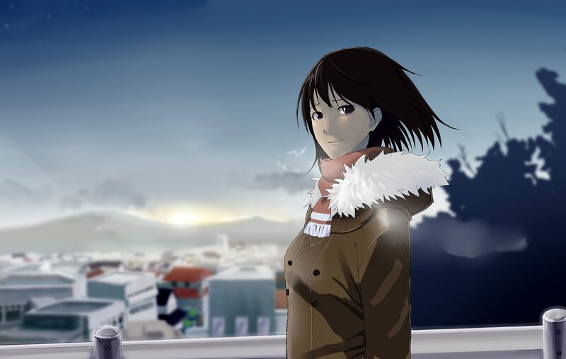 anime girl on rooftop at dusk