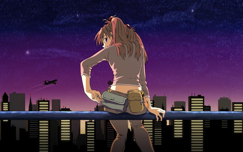 anime girl on rooftop at night