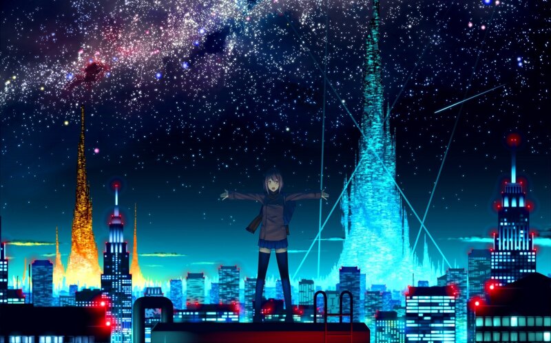 Anime girl on rooftop at night