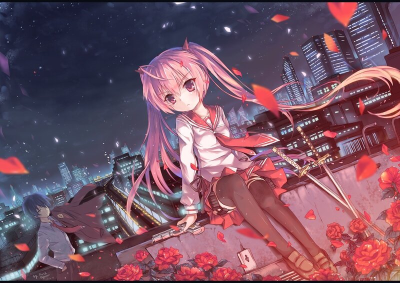 Anime girl on rooftop at night